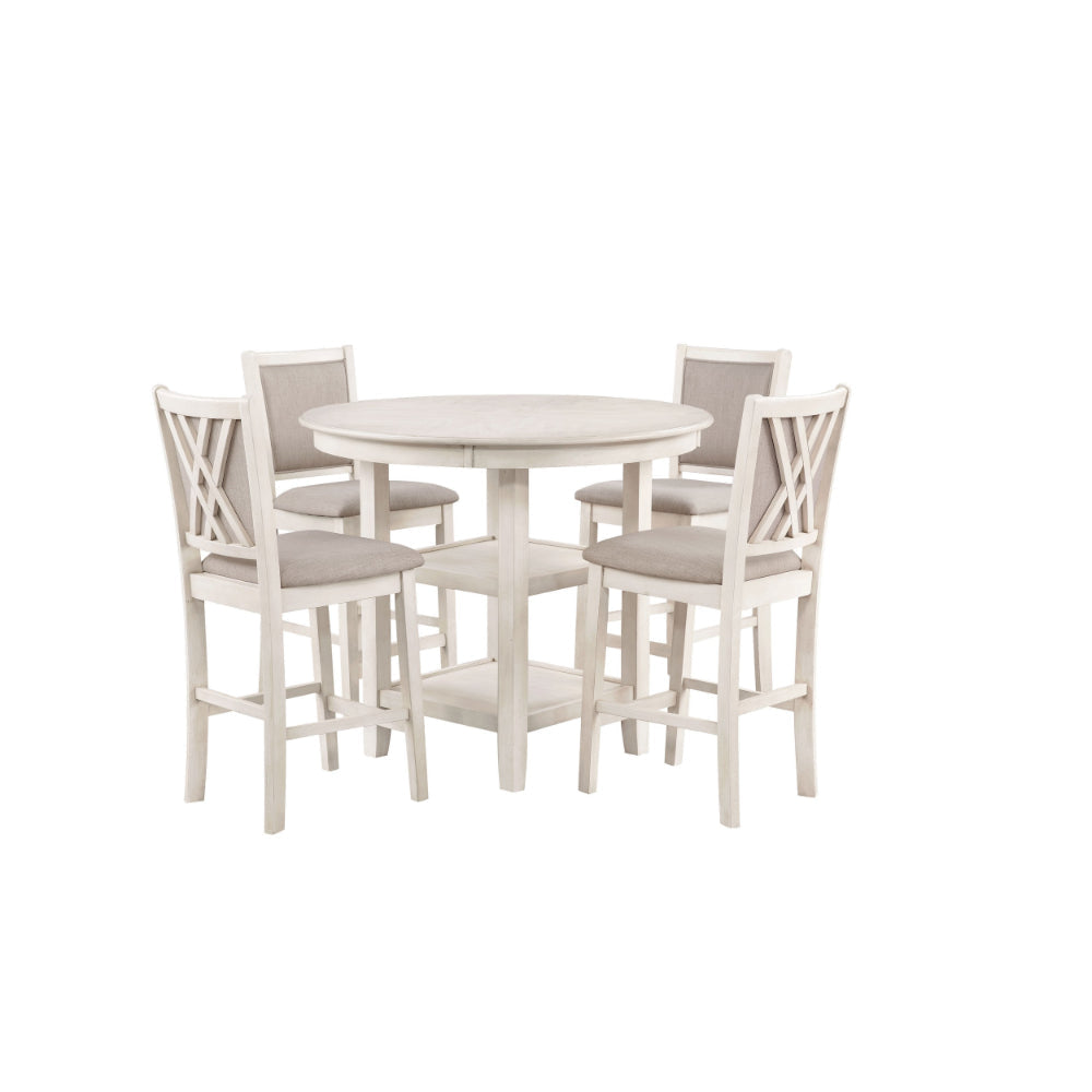 Aine 5 Piece Round Counter Dining Table Chair Set White Wood Fabric Seat By Casagear Home BM304838