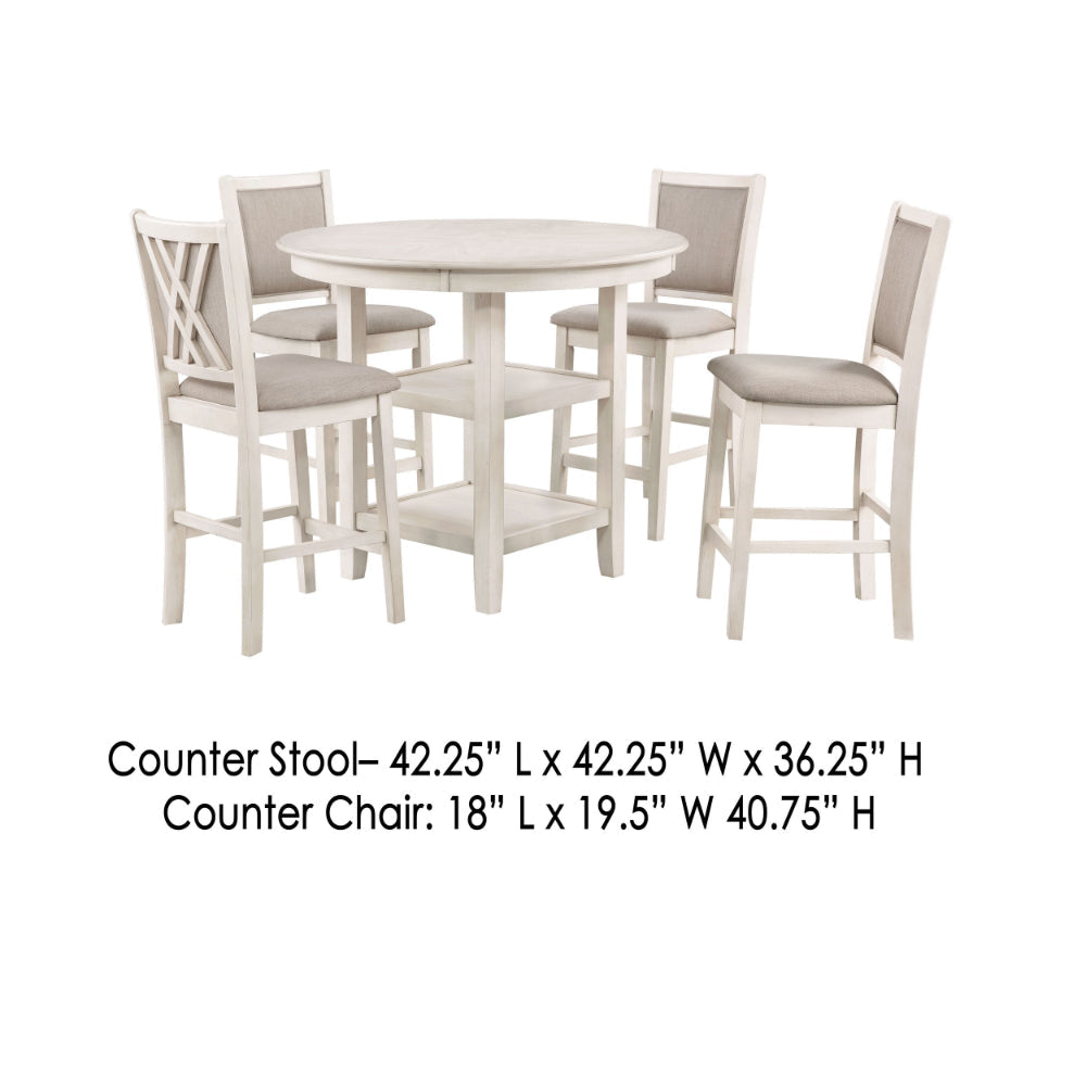 Aine 5 Piece Round Counter Dining Table Chair Set White Wood Fabric Seat By Casagear Home BM304838