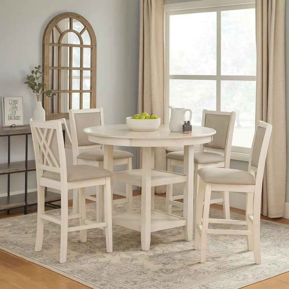 Aine 5 Piece Round Counter Dining Table, Chair Set, White Wood, Fabric Seat By Casagear Home