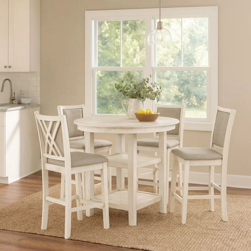 Aine 5 Piece Round Counter Dining Table, Chair Set, White Wood, Fabric Seat By Casagear Home