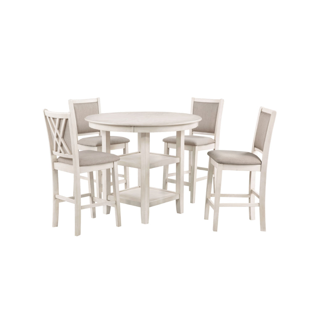 Aine 5 Piece Round Counter Dining Table, Chair Set, White Wood, Fabric Seat By Casagear Home