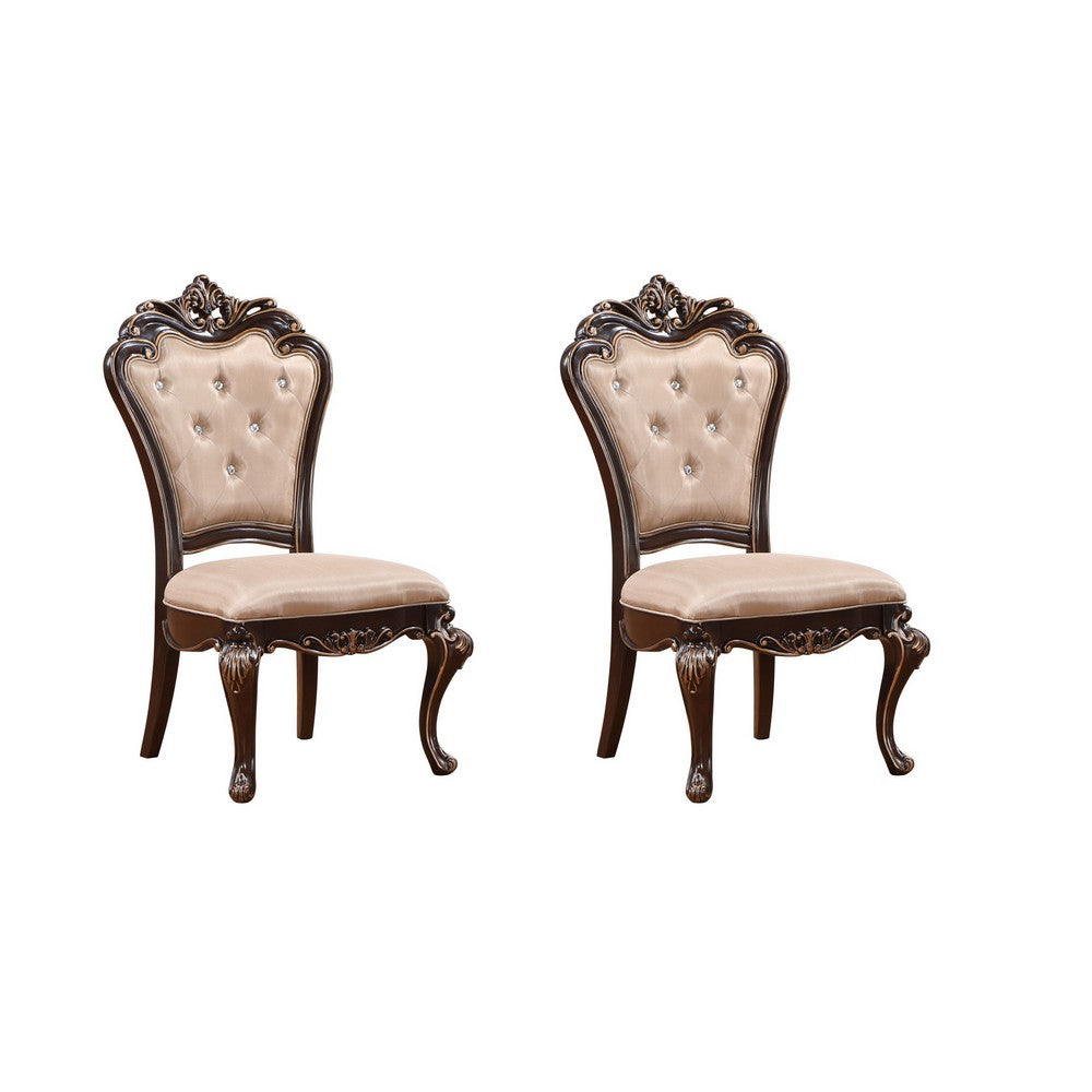 Leon 22 Inch Set of 2 Tufted Dining Chairs Cherry Brown Wood Beige Fabric By Casagear Home BM304844