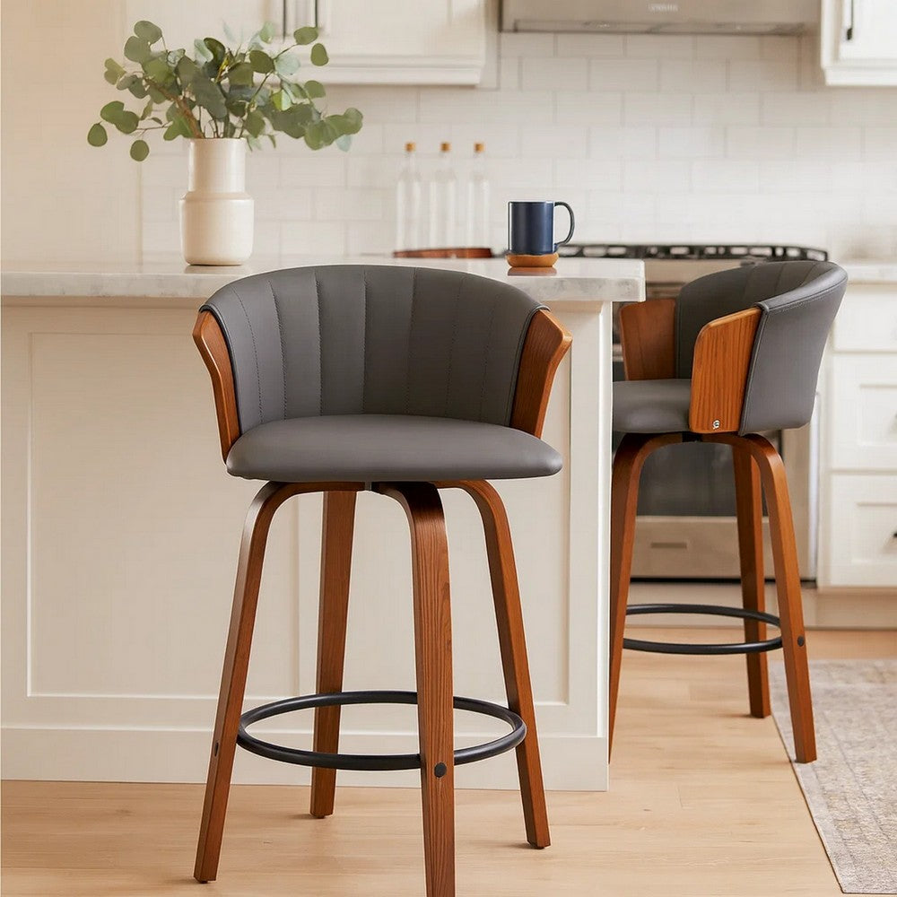 Oja 26 Inch Swivel Counter Stool Chair, Gray Faux Leather, Walnut Brown By Casagear Home