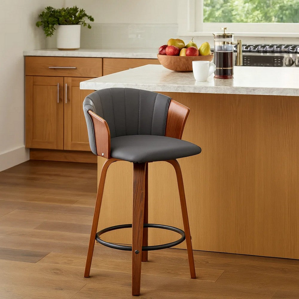 Oja 26 Inch Swivel Counter Stool Chair, Gray Faux Leather, Walnut Brown By Casagear Home