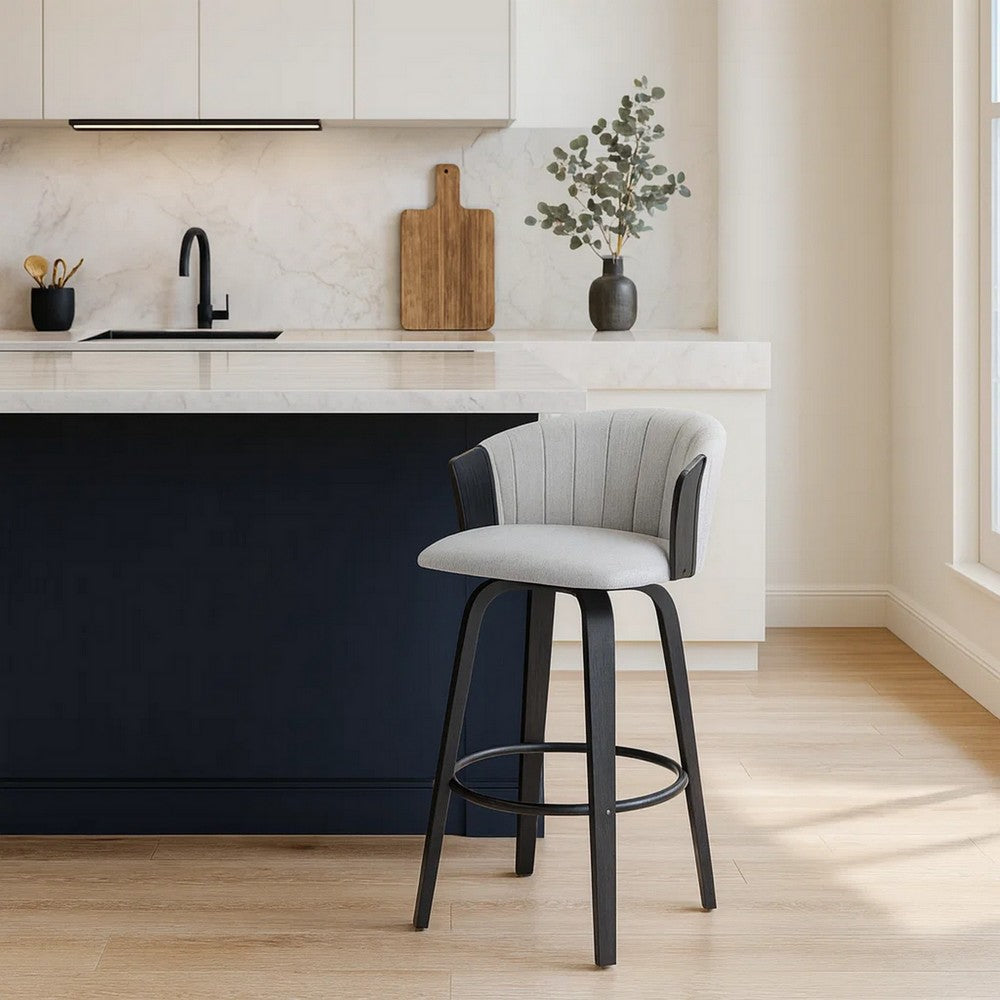 Oja 26 Inch Swivel Counter Stool Chair, Light Gray Fabric, Curved, Black By Casagear Home