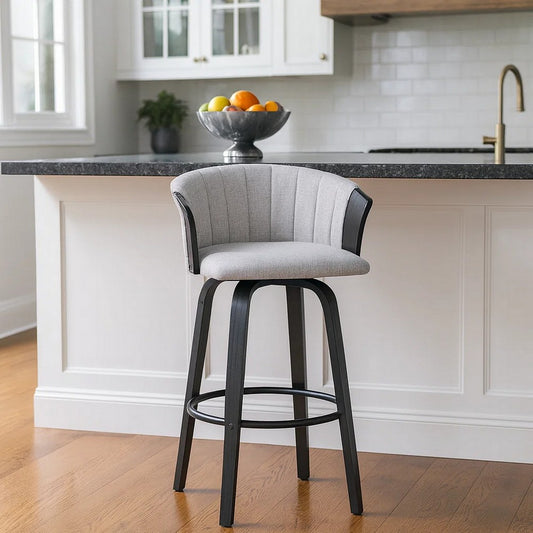 Oja 26 Inch Swivel Counter Stool Chair, Light Gray Fabric, Curved, Black By Casagear Home