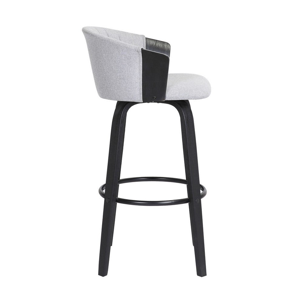 Oja 30 Inch Swivel Barstool Chair Light Gray Fabric Curved Black Wood By Casagear Home BM304907