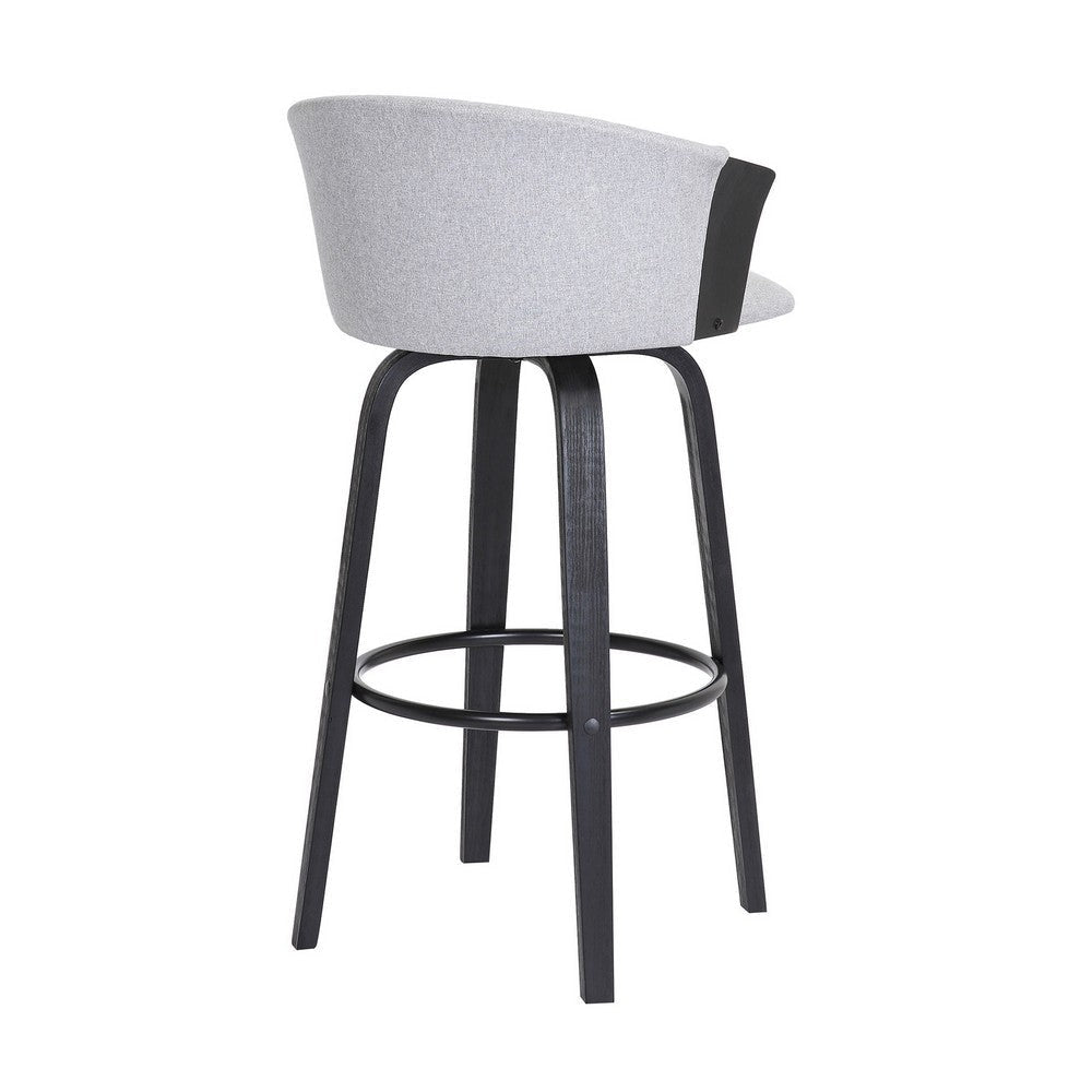 Oja 30 Inch Swivel Barstool Chair Light Gray Fabric Curved Black Wood By Casagear Home BM304907