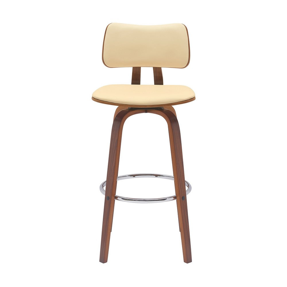 Pino 30 Inch Swivel Barstool Chair Cream Faux Leather Walnut Brown Wood By Casagear Home BM304926