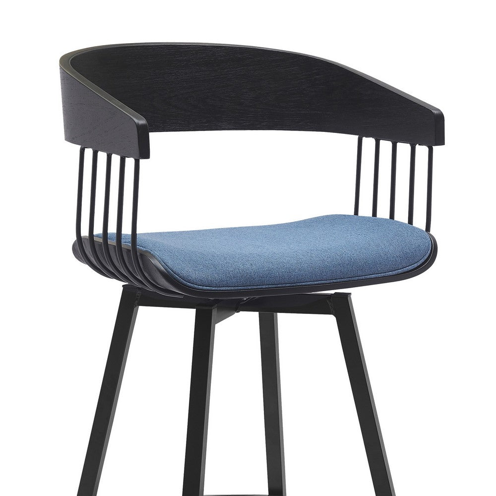 Vera 31 Inch Swivel Barstool Chair Curved Back Black Light Blue Fabric By Casagear Home BM304959