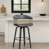 Maya 26 Inch Swivel Counter Chair, Gray Faux Leather, Bronze, Black Wood By Casagear Home