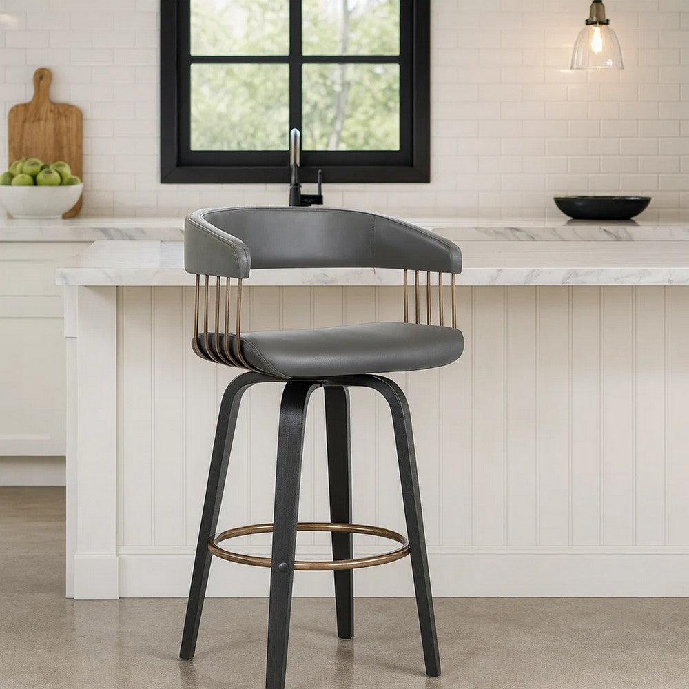 Maya 26 Inch Swivel Counter Chair, Gray Faux Leather, Bronze, Black Wood By Casagear Home