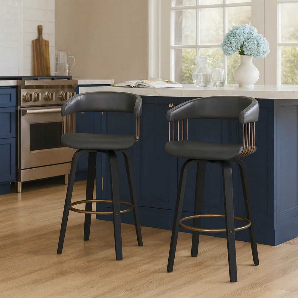 Maya 26 Inch Swivel Counter Chair, Gray Faux Leather, Bronze, Black Wood By Casagear Home