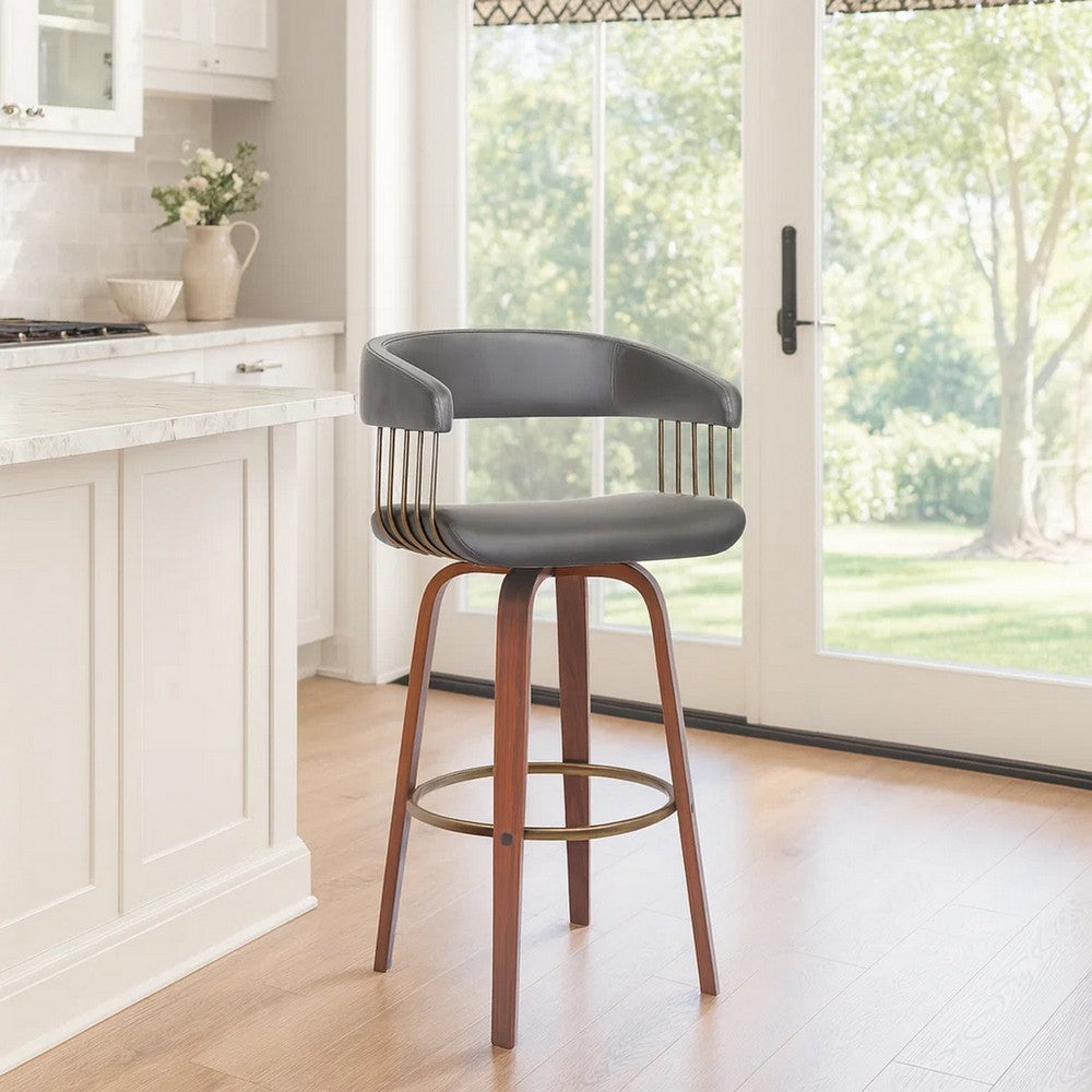 Maya 31 Inch Swivel Barstool Chair, Gray Faux Leather, Bronze, Walnut Brown By Casagear Home