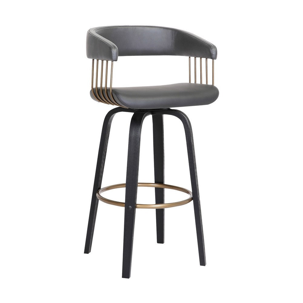 Maya 31 Inch Swivel Barstool Chair Gray Faux Leather Bronze Black Wood By Casagear Home BM304966