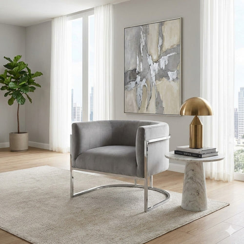 Kel 31 Inch Cantilever Accent Chair, Gray Velvet, Silver Stainless Steel By Casagear Home