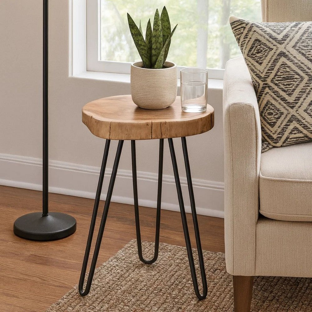 23 Inch Side End Table, Hairpin Legs, Natural Brown Acacia Wood, Black Base By Casagear Home