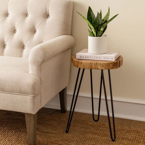 23 Inch Side End Table, Hairpin Legs, Natural Brown Acacia Wood, Black Base By Casagear Home