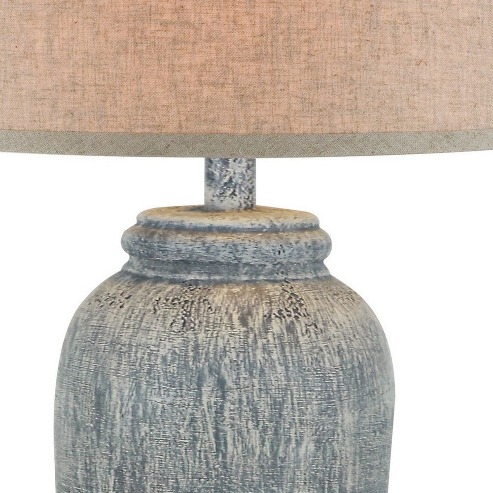 Leni 31 Inch Hydrocal Table Lamp, Drum Shade, Blue Gray Tall Urn Base  By Casagear Home