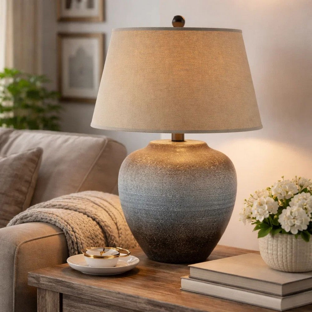 Buen 28 Inch Hydrocal Table Lamp, Drum Shade, Urn Base, Gray Rust Frost By Casagear Home