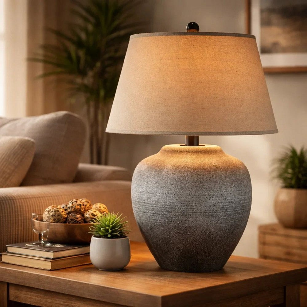 Buen 28 Inch Hydrocal Table Lamp, Drum Shade, Urn Base, Gray Rust Frost By Casagear Home