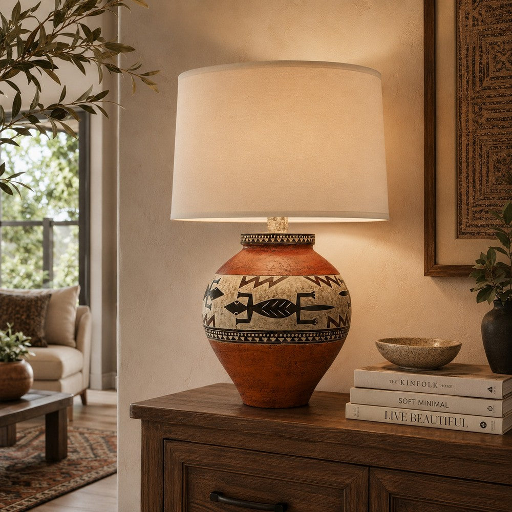 Kinn 24 Inch Hydrocal Table Lamp, Drum Shade, Tribal Style Urn Base, Brown By Casagear Home