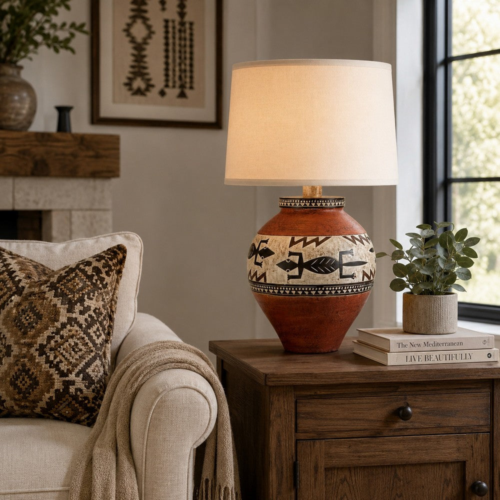 Kinn 24 Inch Hydrocal Table Lamp, Drum Shade, Tribal Style Urn Base, Brown By Casagear Home
