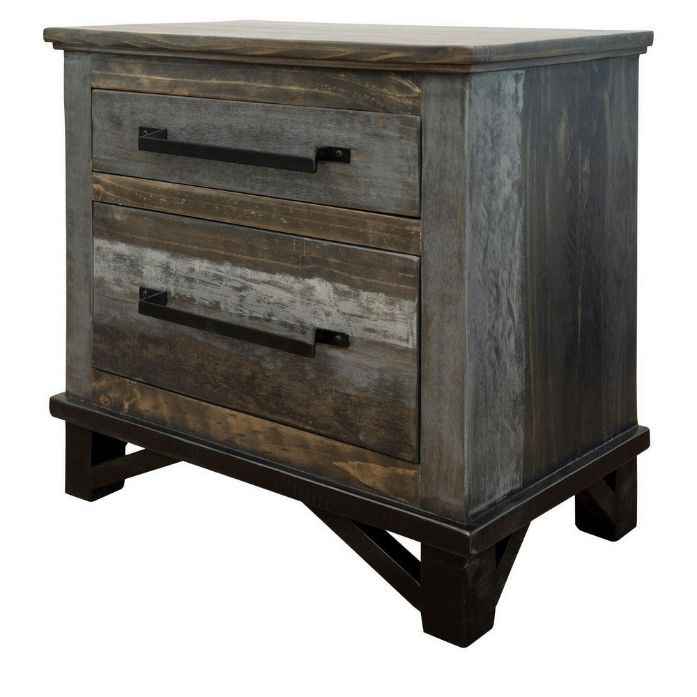 Peya 28 Inch Rustic Nightstand 2 Drawers Distress Gray Brown Pine Wood By Casagear Home BM305668