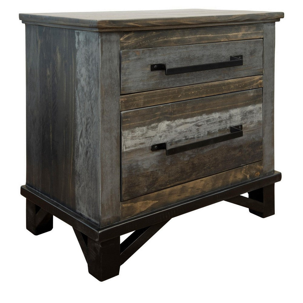 Peya 28 Inch Rustic Nightstand 2 Drawers Distress Gray Brown Pine Wood By Casagear Home BM305668