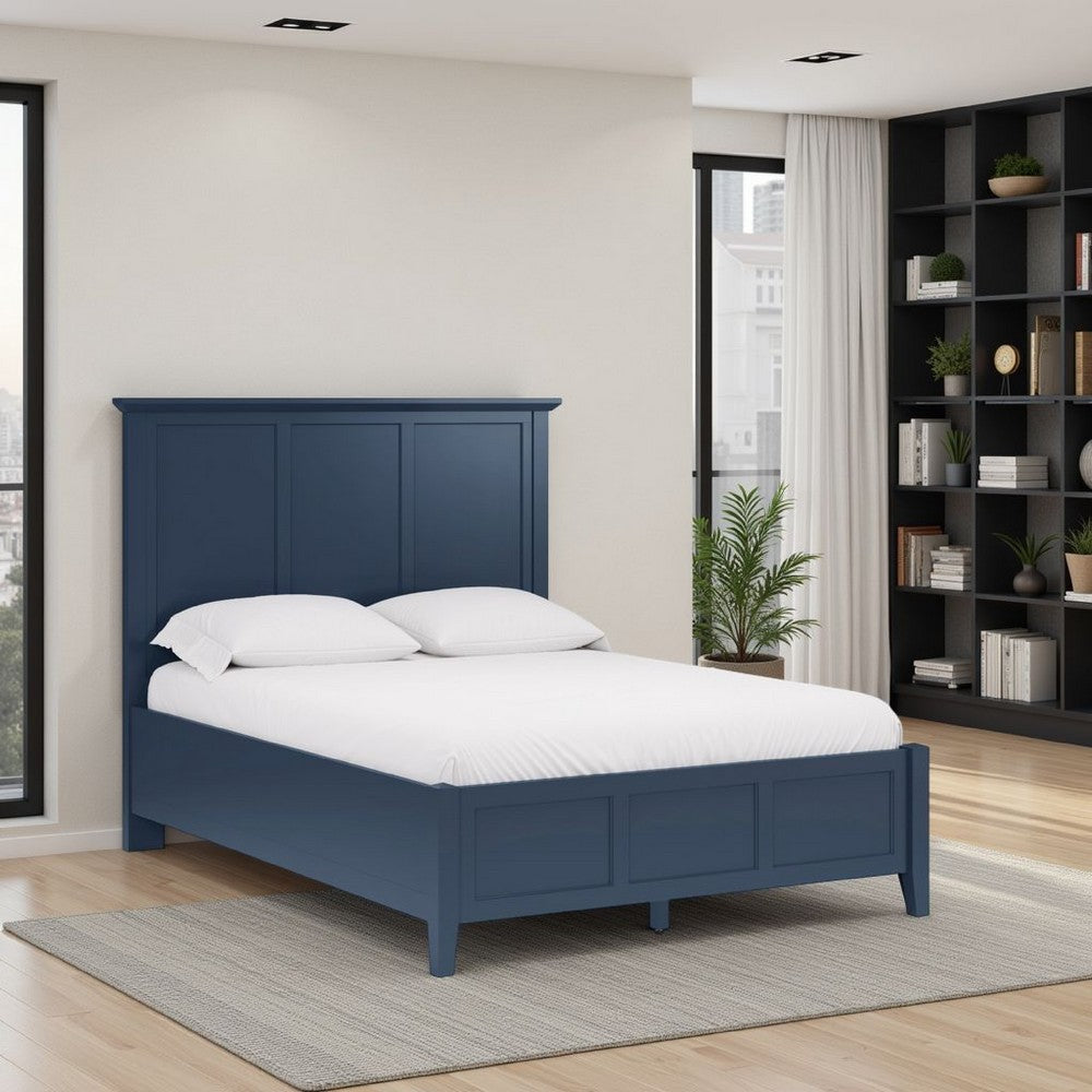 Fritz Queen Size Bed, Three Panel Design, Beveled Top, Solid Wood, Blue