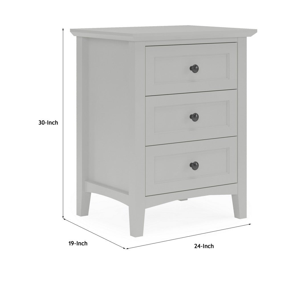 Fritz 30 Inch Bedside Nightstand 3 Drawers Black Round Handles Gray Wood BM305989