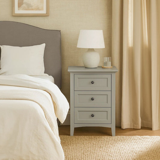 Fritz 30 Inch Bedside Nightstand, 3 Drawers, Black Round Handles, Gray Wood