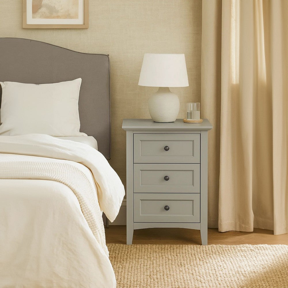 Fritz 30 Inch Bedside Nightstand, 3 Drawers, Black Round Handles, Gray Wood