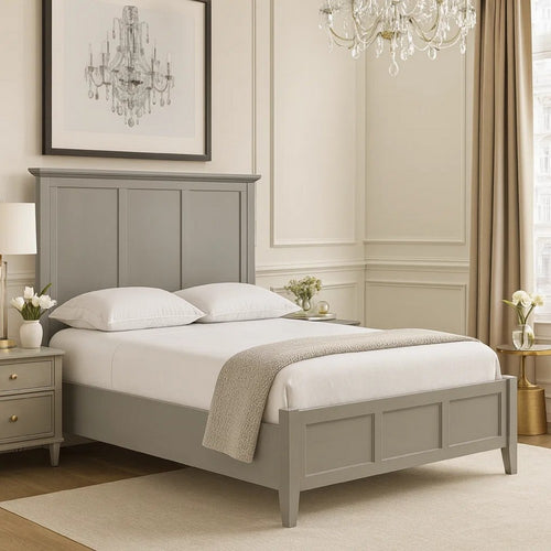 Fritz King Size Bed, Three Panel Design, Beveled Top, Gray Solid Wood