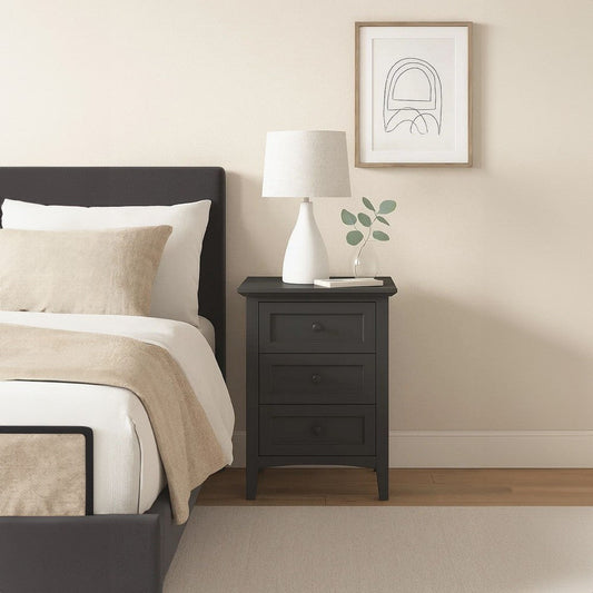 Fritz 30 Inch Bedside Nightstand, 3 Drawer, Round Handles, Black Solid Wood