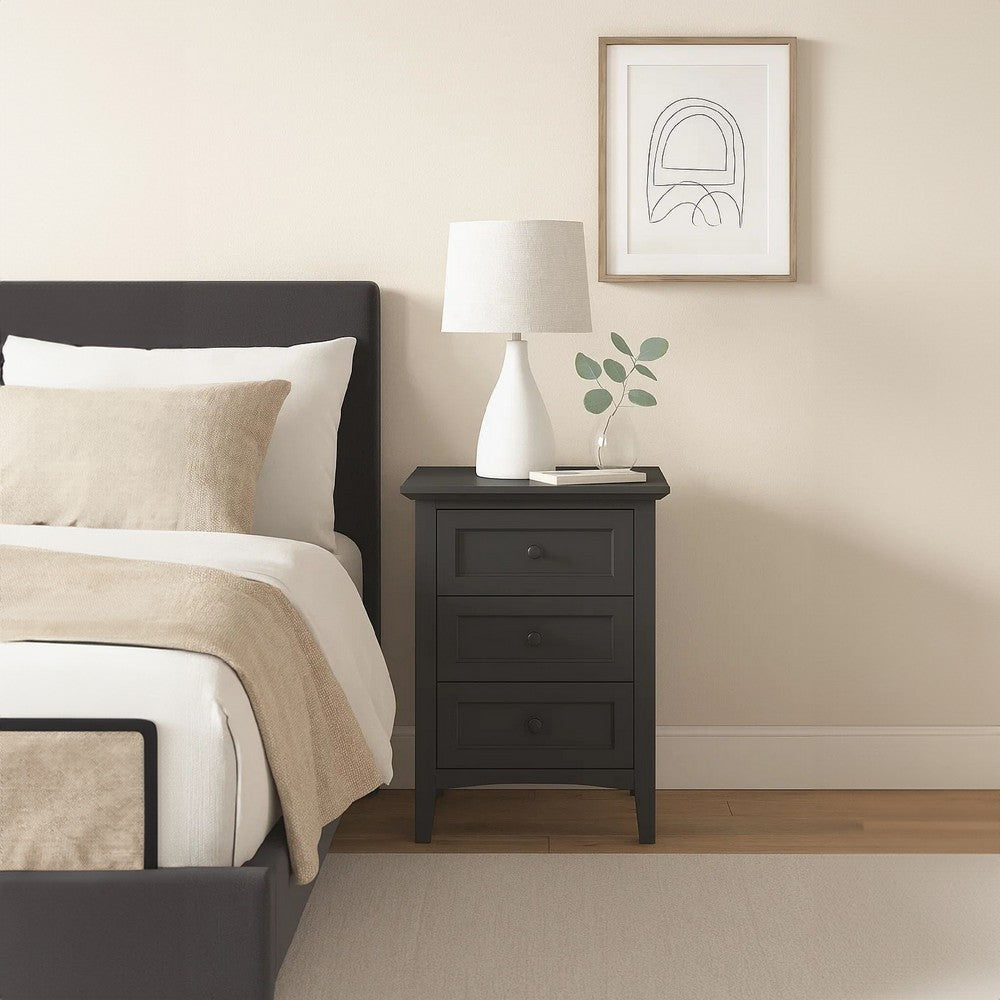 Fritz 30 Inch Bedside Nightstand, 3 Drawer, Round Handles, Black Solid Wood