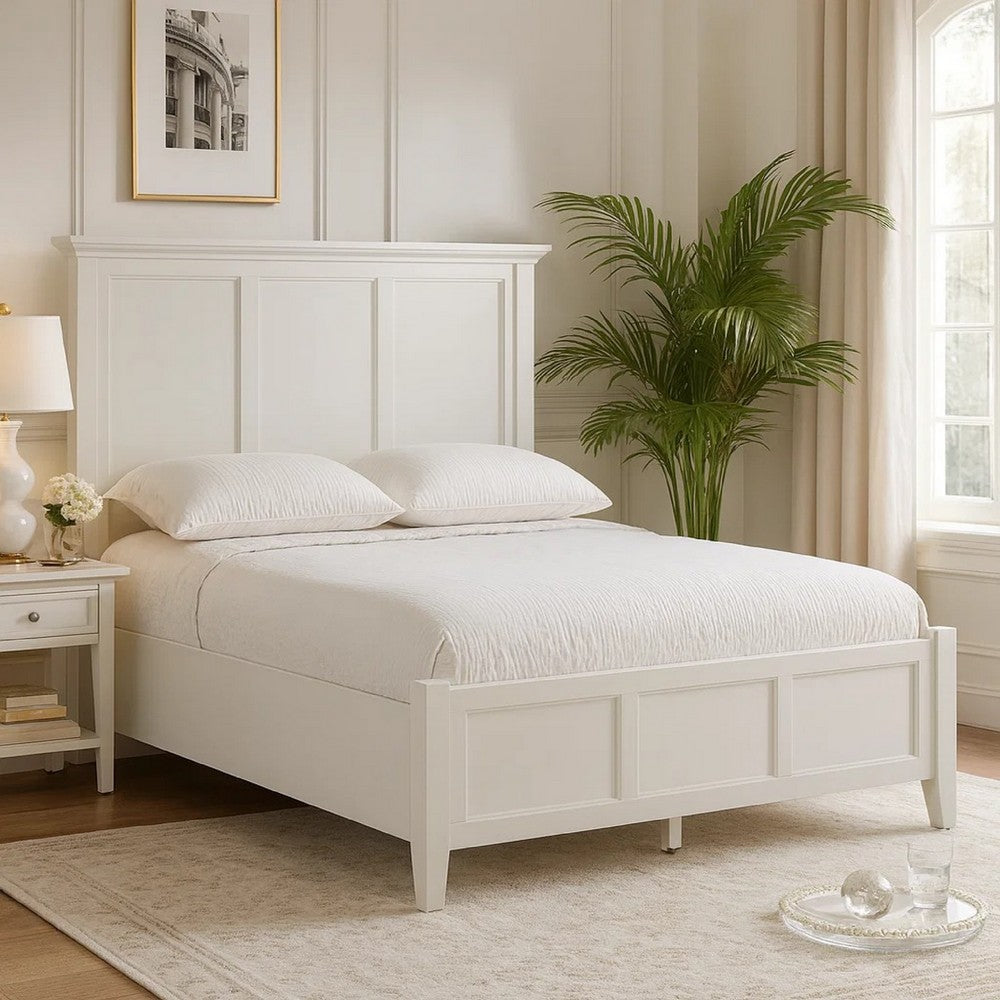 Fritz King Size Bed, Three Panel Design, Beveled Top, Brilliant White Wood
