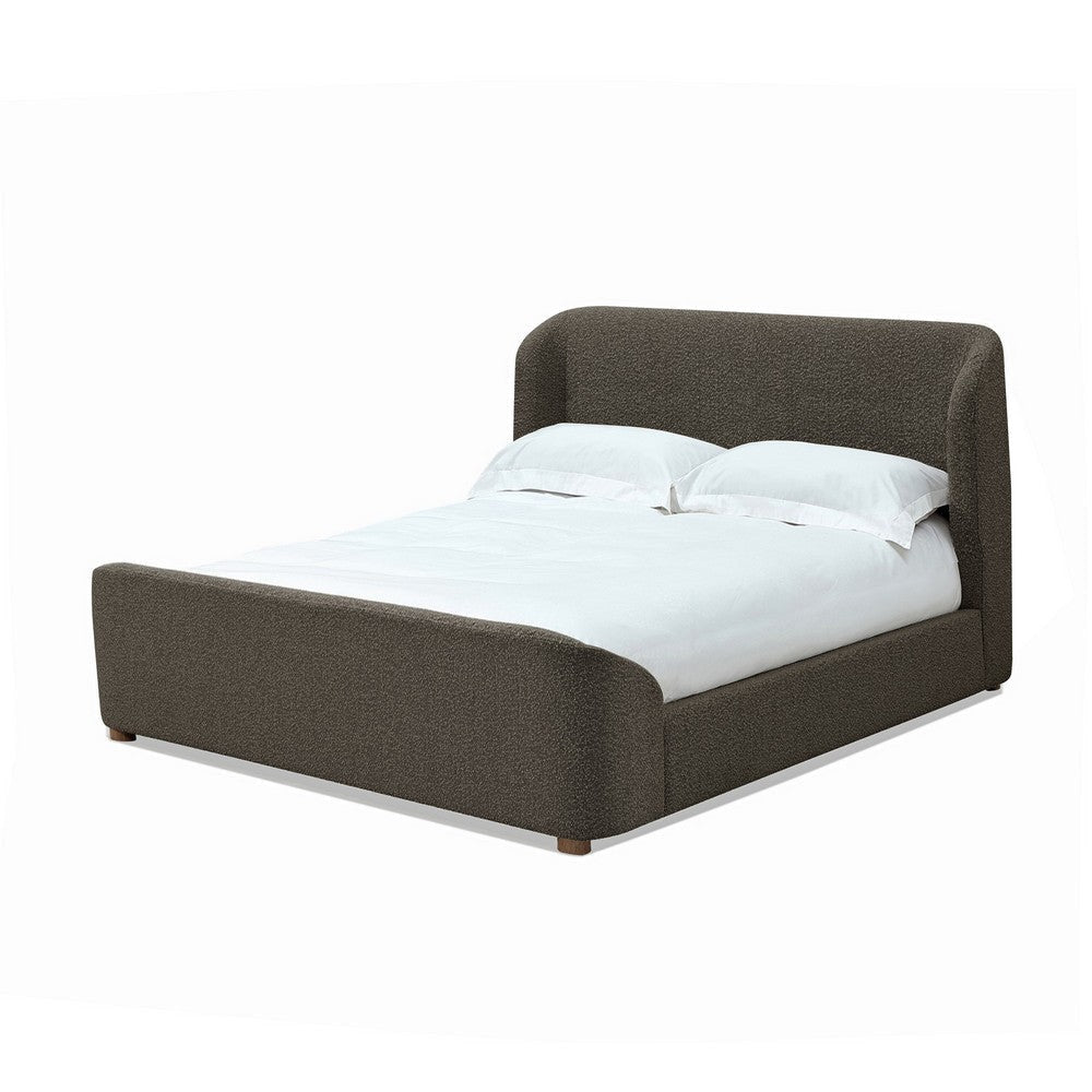 Keni Queen Size Platform Bed, Soft Brown Boucle Upholstery, Curved Design