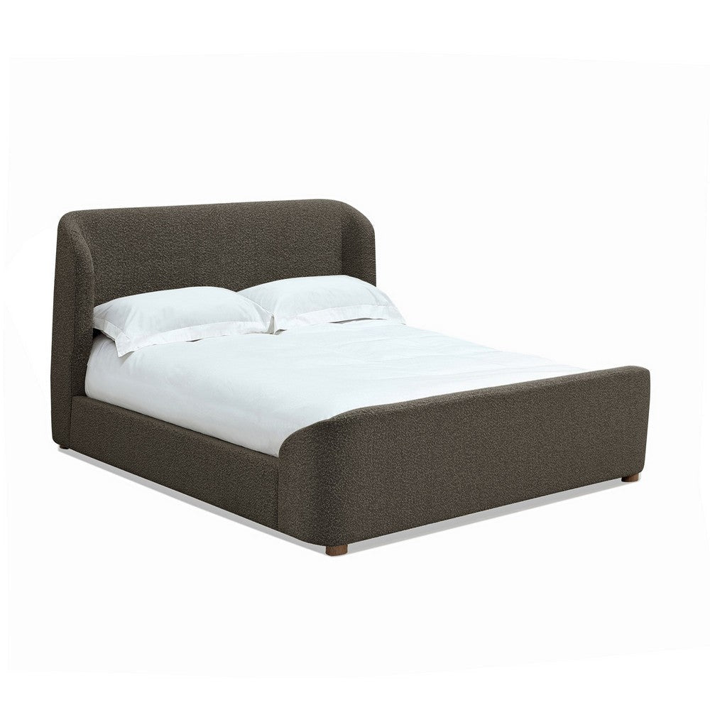 Keni Queen Size Platform Bed Soft Brown Boucle Upholstery Curved Design BM306012