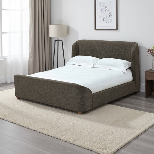 Keni Queen Size Platform Bed, Soft Brown Boucle Upholstery, Curved Design