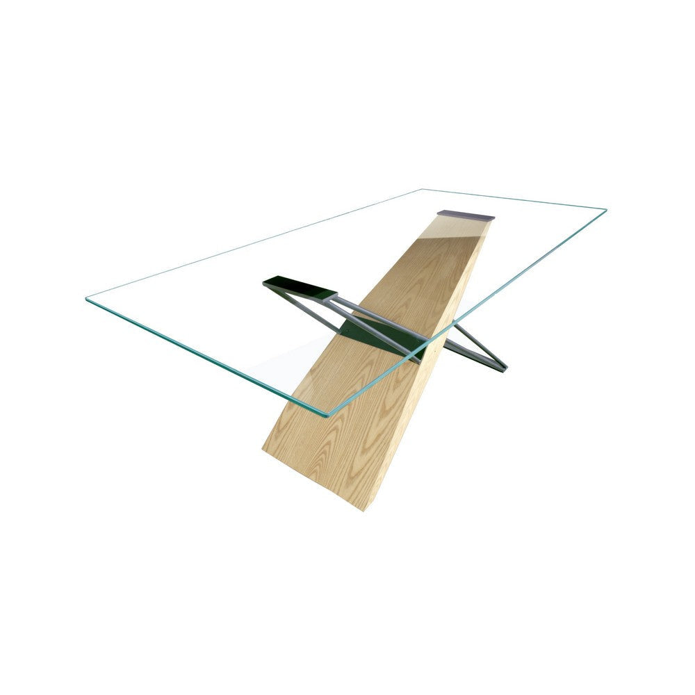 Aeon 72 Inch Dining Table Glass Top Wood Metal Base Brown Black BM306014
