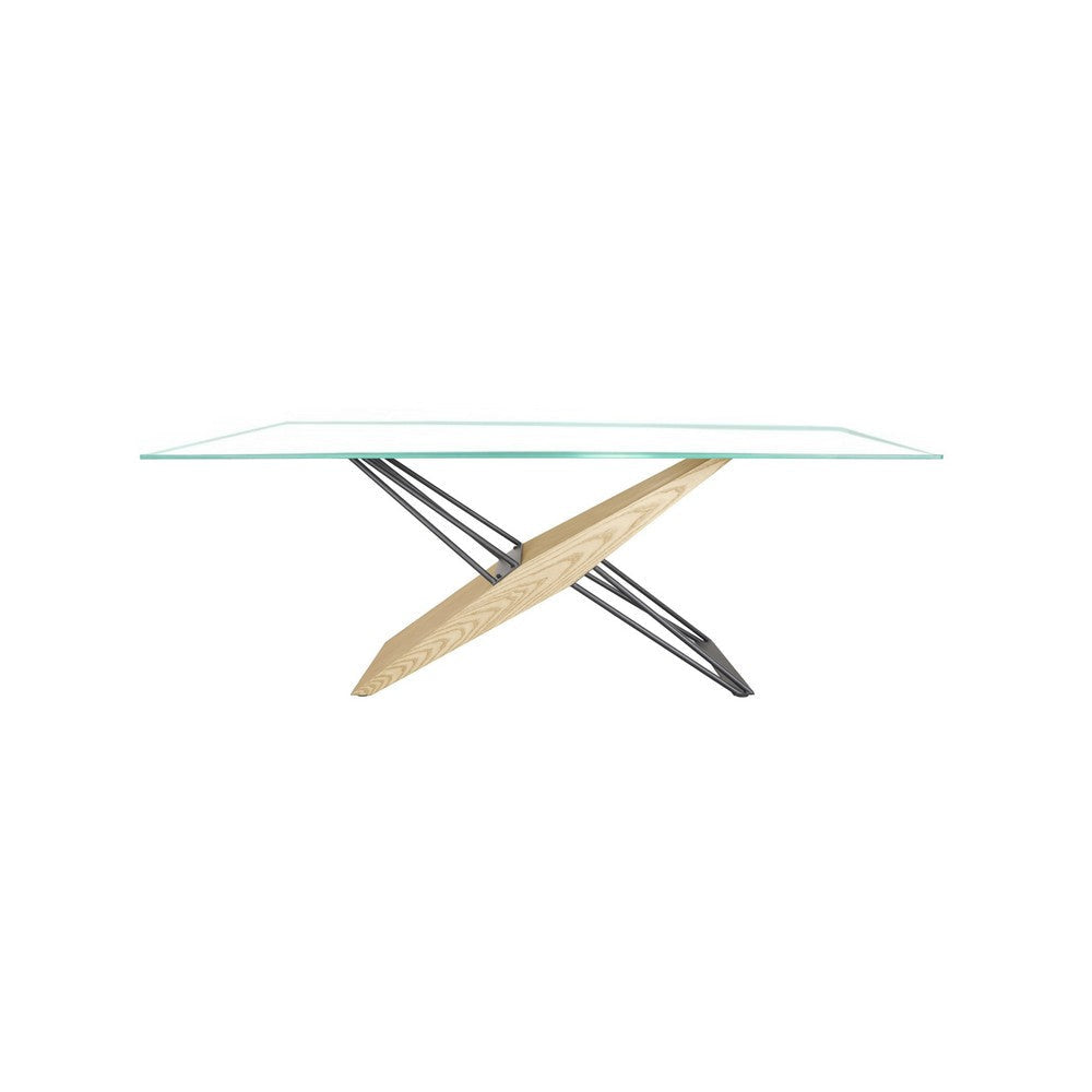 Aeon 72 Inch Dining Table Glass Top Wood Metal Base Brown Black BM306014