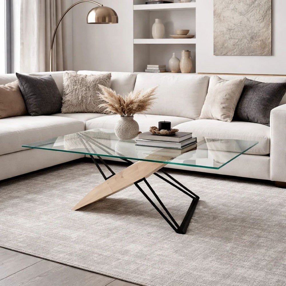 Aeon 72 Inch Dining Table, Glass Top, Wood, Metal Base, Brown, Black