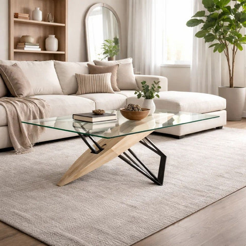 Aeon 72 Inch Dining Table, Glass Top, Wood, Metal Base, Brown, Black