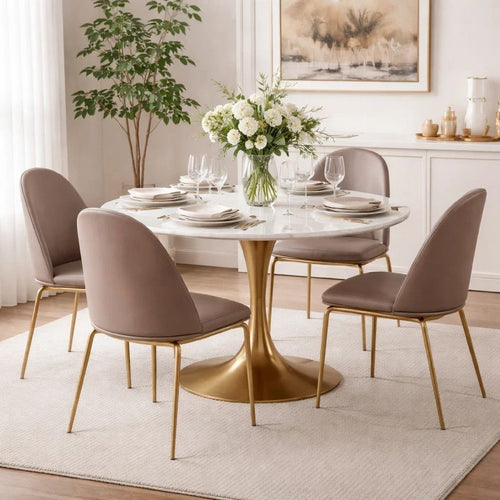 20 Inch Set of 2 Dining Chairs, Brass Tubular Frame, Taupe Faux Leather