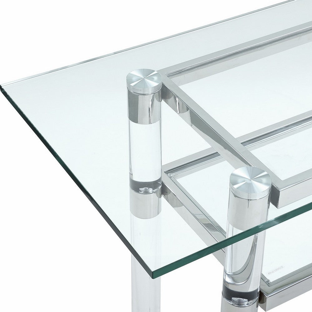 Mase 60 Inch Dining Server Sideboard Table Glass Top Stainless Steel Frame BM306024