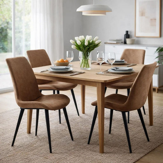 21 Inch Set of 2 Dining Chairs, Brown Faux Leather, Angled Black Steel Legs