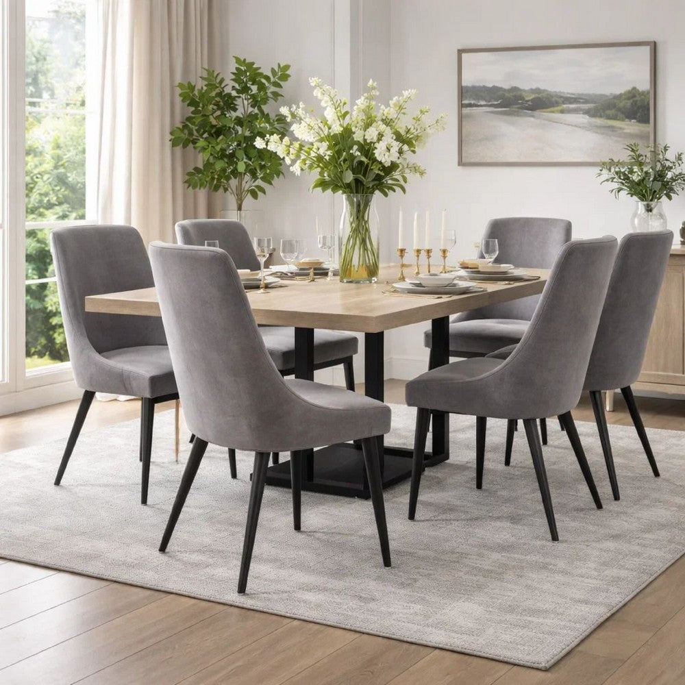 Wils 20 Inch Set of 2 Dining Chairs, Gray Velvet, Black Tapered Metal Legs