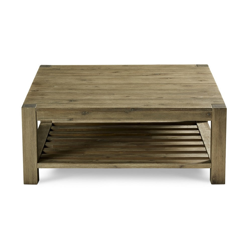 Cyon 42 Inch Square Coffee Table Washed Gray and Brown Wood Open Shelf BM306035