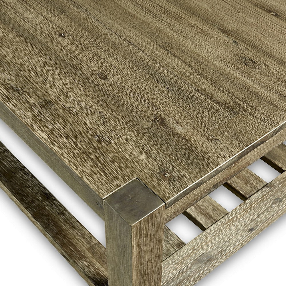 Cyon 42 Inch Square Coffee Table Washed Gray and Brown Wood Open Shelf BM306035
